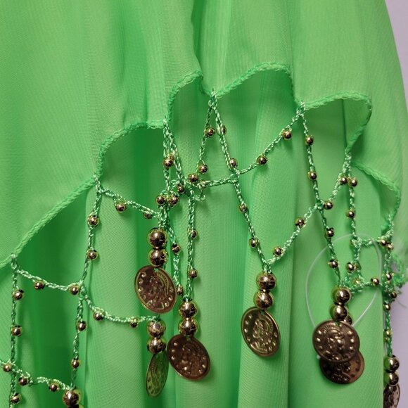 Green Short Skirt Belly Dancing Skirt Crocheted with Gold Beads and Coins NEW - Picture 3 of 5